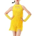 thumbnail image 4 of RUNQHUI Robe de Danse Latine à Franges pour Filles, Robe de Patinage Artistique Salsa Tango avec Gants Jaune 110, 4 of 5