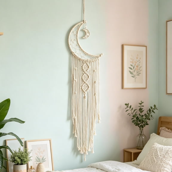 Boho Moon Macrame Wall Hanging Decoration,Hand Woven Crescent Star Tassel Dreamcatcher,Neutral Cotton Woven Wall Decor for Bedroom Living Room Apartment Ornament