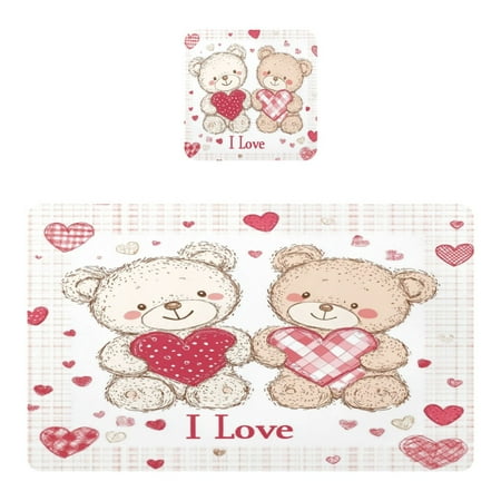 

Wobogo Valentine Teddy Bear Placemats Coasters Set of 1 Heat-resistant Non-slip Easy to Clean Square Dinner Plate Mat