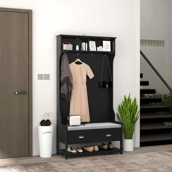 Yardi Yarda 3-in-1 Hall Tree with Shoe Rack and 2 Storage Drawers, Entryway Bench with Coat Rack, Mudroom Bench with 4 Hooks and Padded Seat Cushions for Indoor, Black