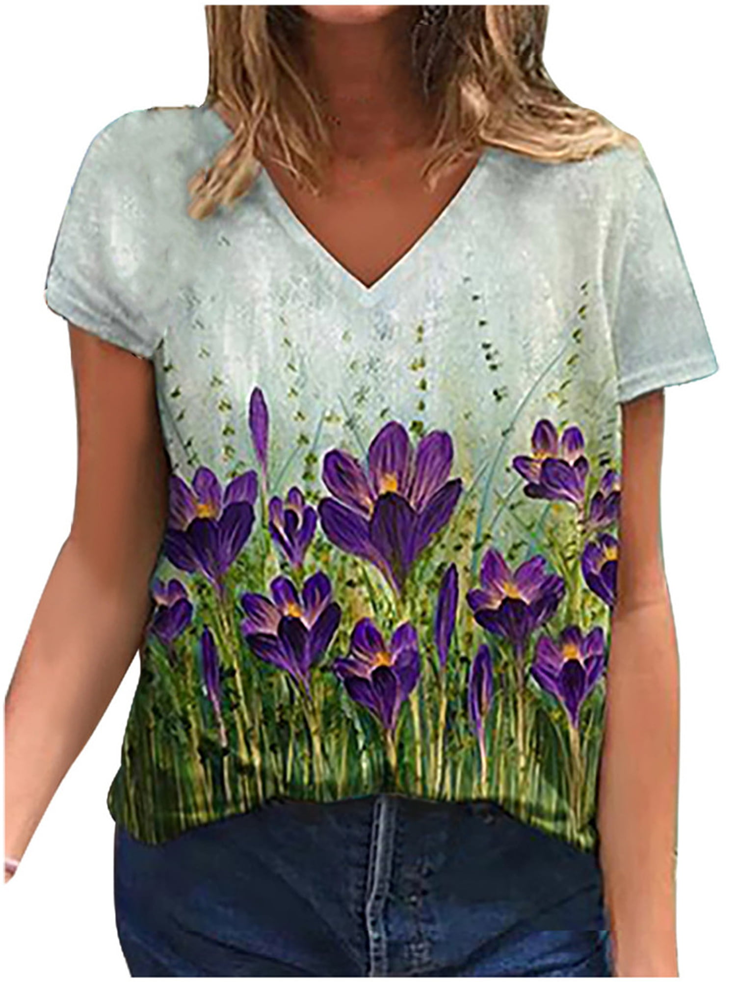 Eleluny Women Short Sleeve Floral Print T-shirt V Neck Casual Tops ...