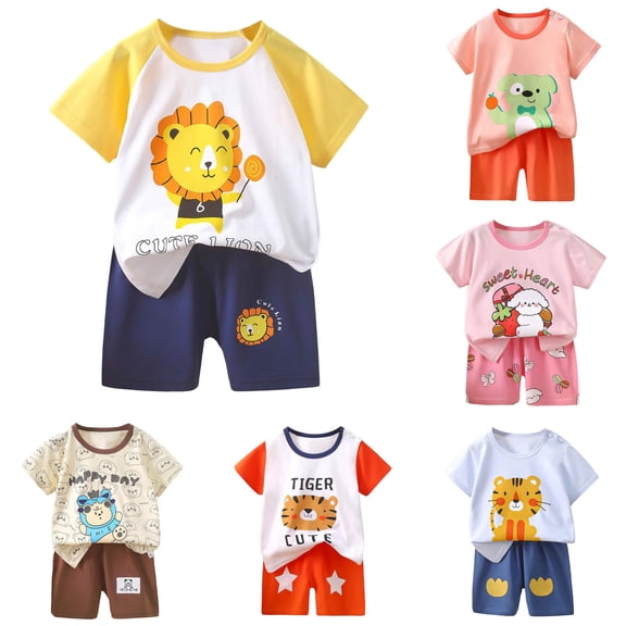 Summer Outfits for Toddler Boys Cartoon Printed Short Sleeved Tops and Shorts 2Pc Children's Sets Size 18-24 Months ,Yellow