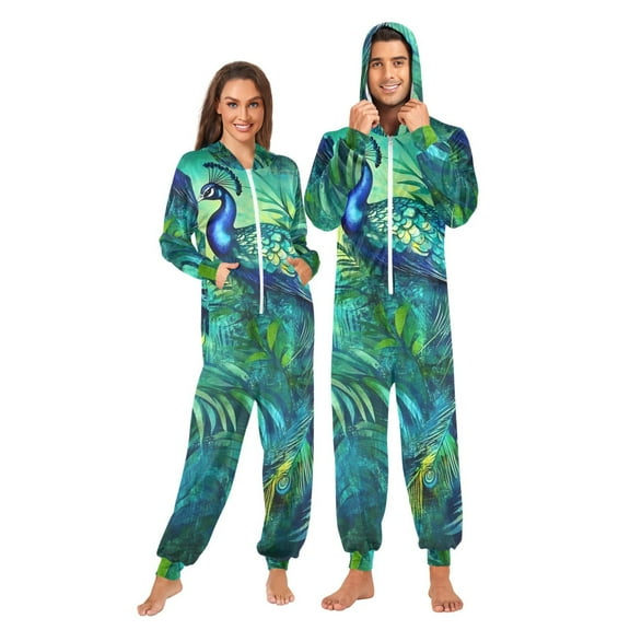 Elegant Peacock in Green Adult onesie Pajamas, Crystal Velvet Ultra Soft Warm Jumpsuit for Men and Women