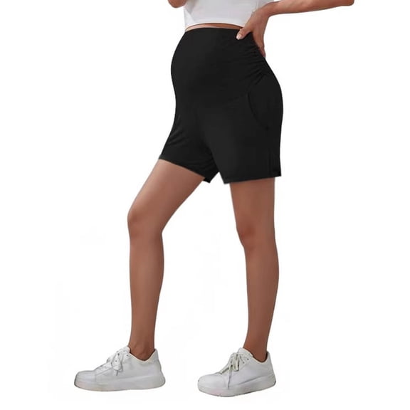 Women Maternity Shorts Over Belly Casual Soft Pregnancy Yoga Shorts Workout Stretchy Pants with Pockets Black M