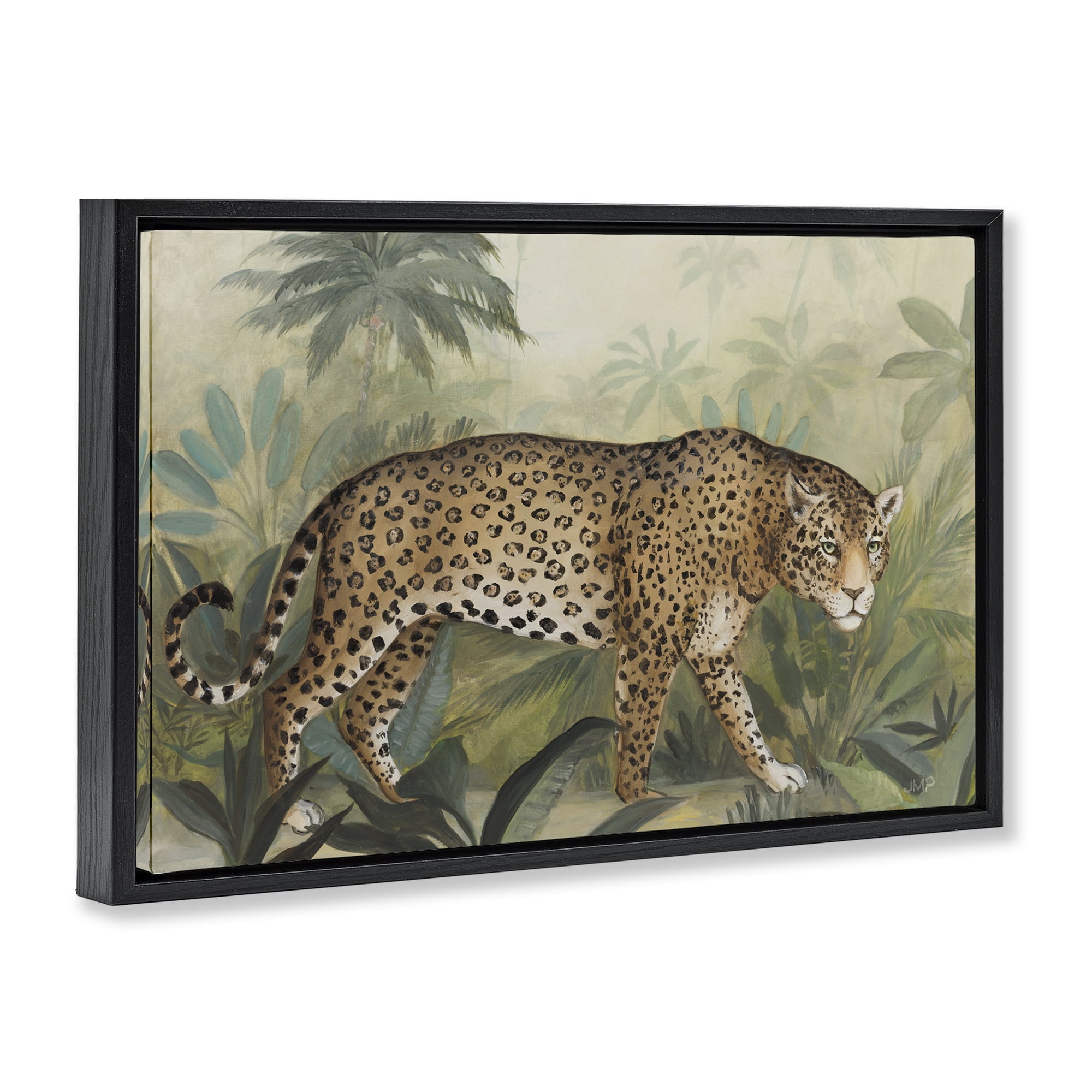 Stupell Industries Prowling Leopard in Forest Landscape Painting Black Floater Framed Canvas Art Print Wall Art, 25 x 17