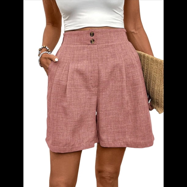 Pantalones Cortos de de Cintura Alta y Pierna con Bolsillos para Mujer, de Verano Rosa S