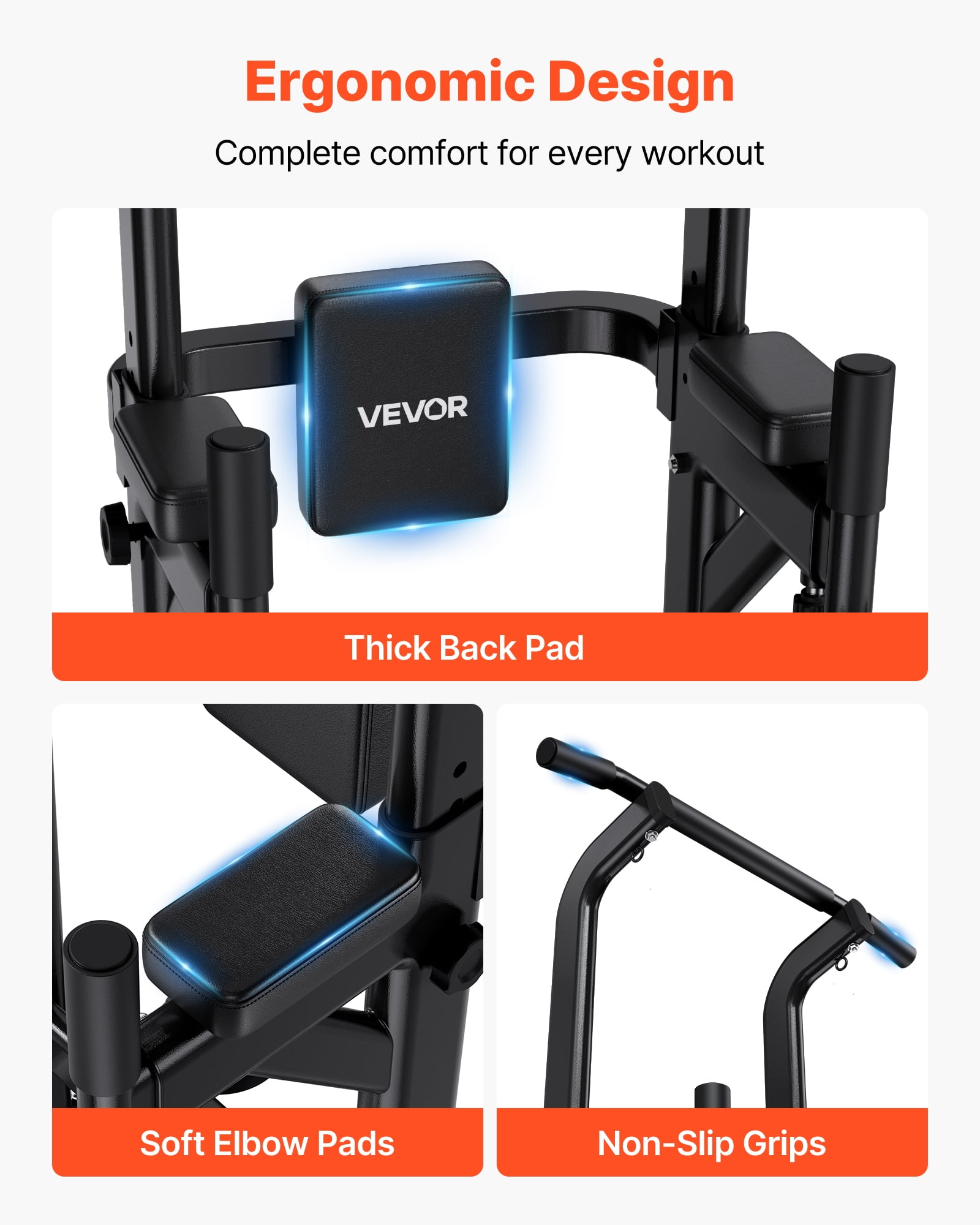 VEVOR Pull Up Bar, 330 LBS Power Tower Dip Station, Workout Dip Station with H-Shaped Stable Base & Back Pad,Adjustable 12 Level Height Free Standing Chin Up Bar for Back, 4-Level Adjustable Back Pad