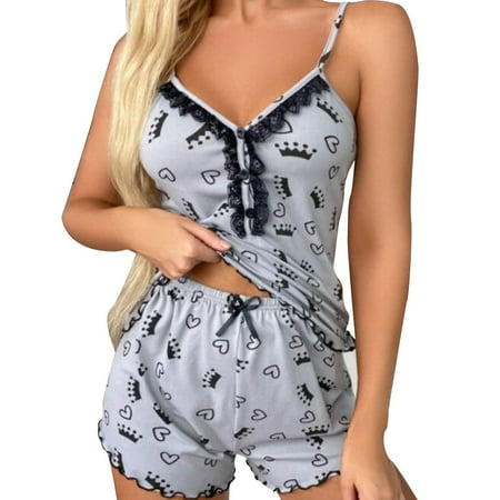

Fabiurt Women s Love Printed Ice Silk Shredded Milk Suspender Home Clothes Set Soft Love Printed Pajama Set for Women Grey Size:XXL
