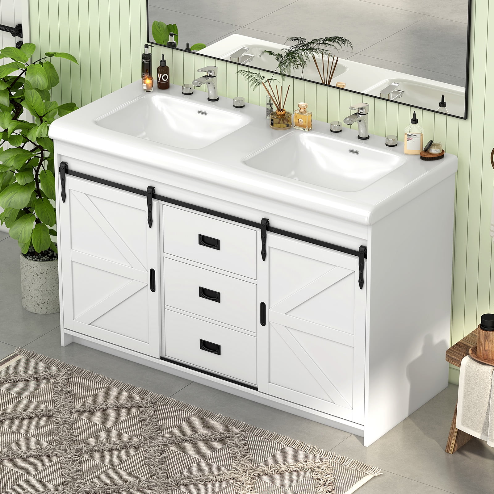 Ciumeeo 48" Bathroom Vanity Dual Basin Bathroom Storage Cabinet with Marble Countertop, White