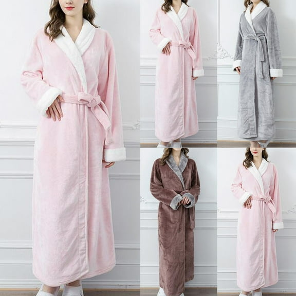 HAPIMO Women's Robes Soft Sleepwear Cotton Plush Robe Warm Fleece Bathrobe Ankle Length Long Winter Bath Robes Nightgown Gray M