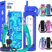 32 oz Glass Water Bottle with Time Marker Reminder + Carrier - Reusable, Wide Mouth, Leakproof, Glass Drinking Bottle, BPA Free, Motivational Water Bottles (Royal Blue Sleeve, Blue Marble Carrier)