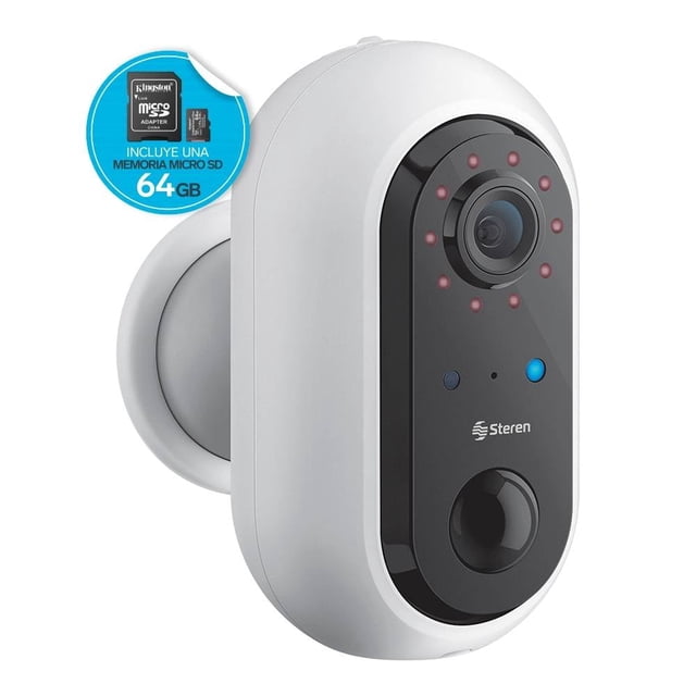 cámara wifi recargable steren 2 mp comunicación bidireccional deteccion de movimiento, inalmbrica blanca cctv-240 Vista frontal centrada de la cámara blanca con cuerpo ovalado y placa frontal negra; lente rodeada por LEDs de visión nocturna, indicador LED azul, sensor de movimiento en la parte inferior y logo Steren; base magnética circular al costado y distintivo que indica microSD 64 GB. A menudo usada para vigilancia interior y monitorizar entradas desde la app móvil.