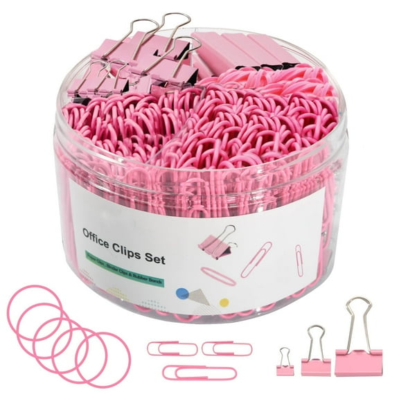 Pink Binder Clips Paper Clips, 380 PCS Assorted Sizes Paperclips Paper Clamps Rubber Bands for Files, Papers, Home Supplies