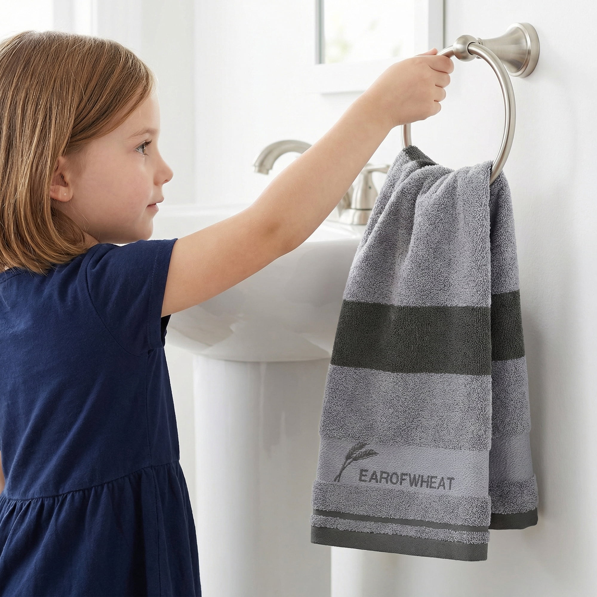 Unique Bargains Ear of Wheat Stripe Cotton Soft Absorbent Hand Towel Grey 4pcs 29" x 13"