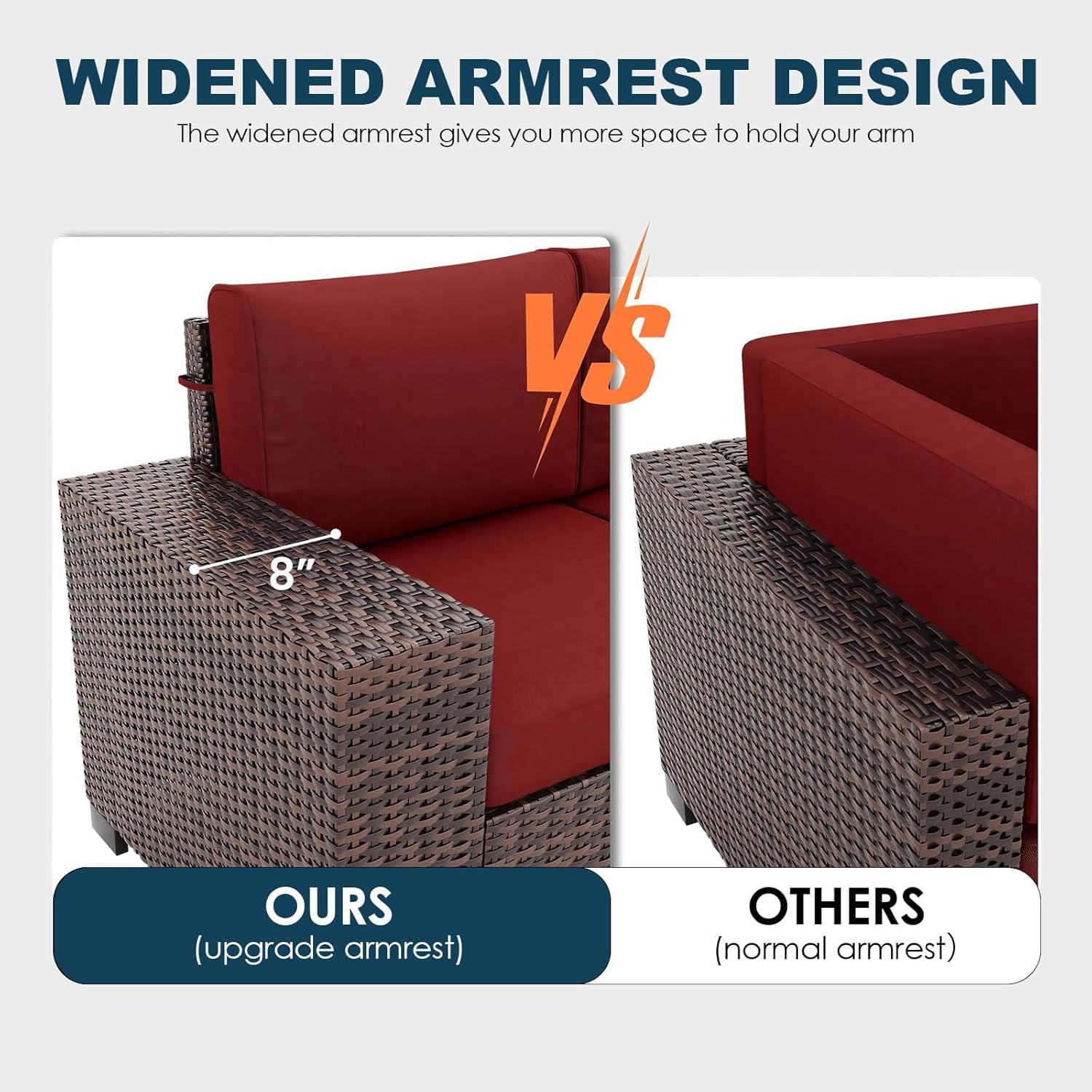 ELPOSUN Outdoor Sectional Furniture Set with Fire Pit Table, 7-Piece Brown Rattan Wicker Conversation Sofa Set for Porch Garden Backyard Balcony,Wine Red