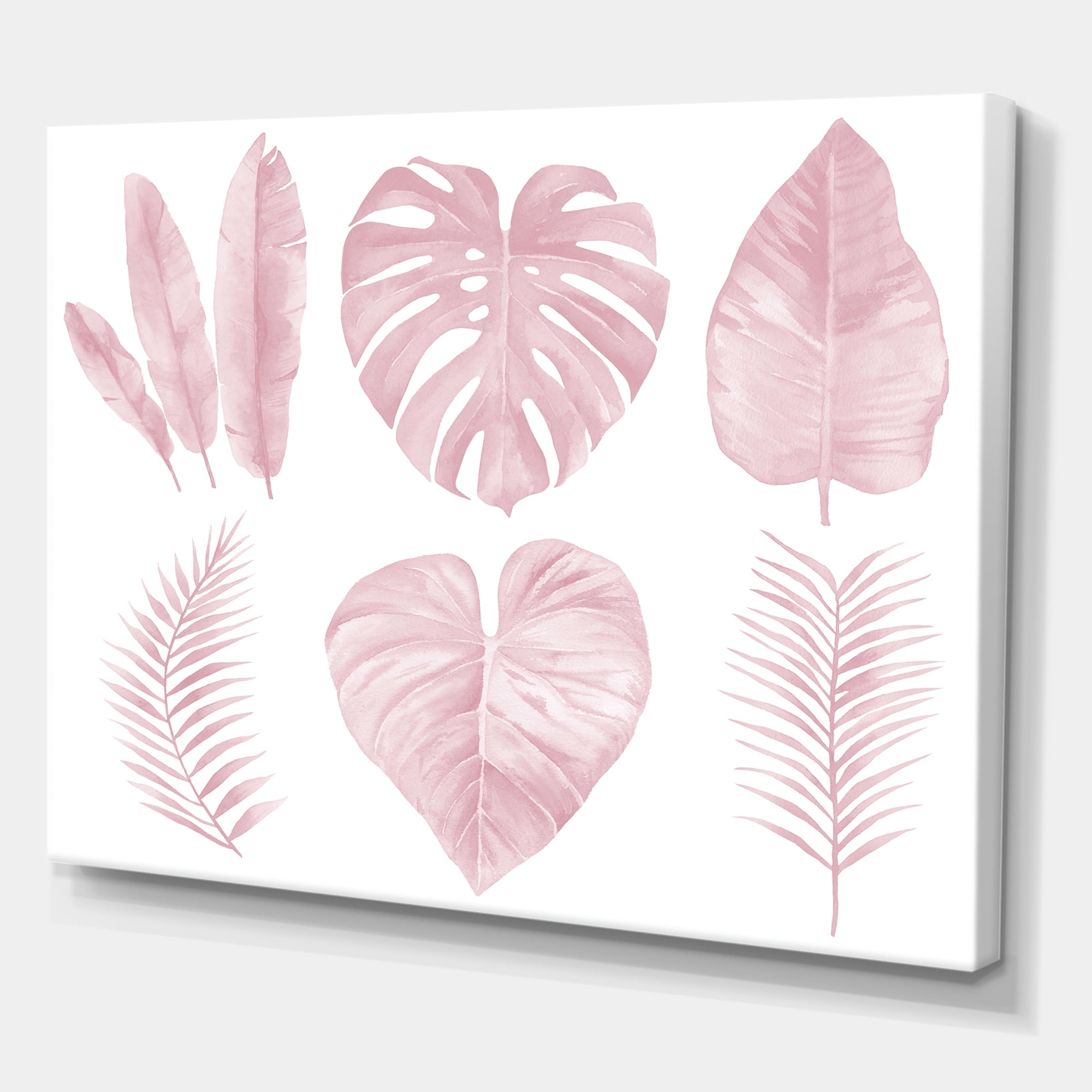 Tropical Pink Watercolour Leaves On White I 8 in x 12 in Painting Canvas Art Print, by Designart