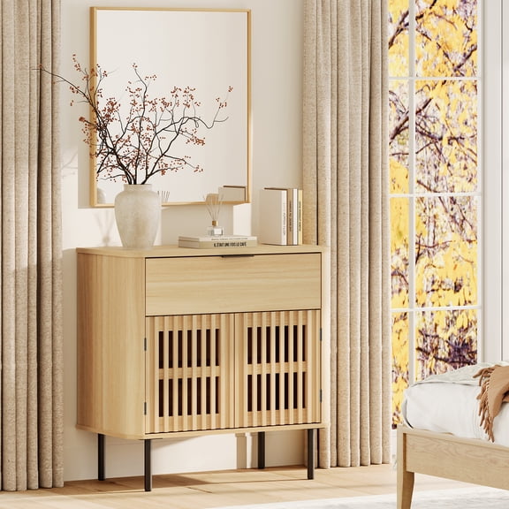31.5" Sideboard Buffet Cabinet with Storage - Fluted Kitchen Credenza Cabinet with Pop-up Doors and Drawer, Oak