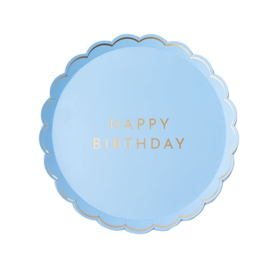 Bonjour Fête Blue Scalloped HBD Small Paper Dessert Plates, Disposable Party Supplies, 8 Count, 8 Inch, Birthday Party