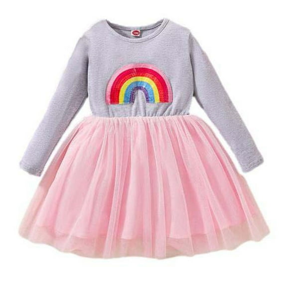 Odeerbi Kids Girls Long Sleeve Tulle Tutu Dress Rainbow Pattern Dress Children Spring Fall Princess Dress Kids Clothes Gray