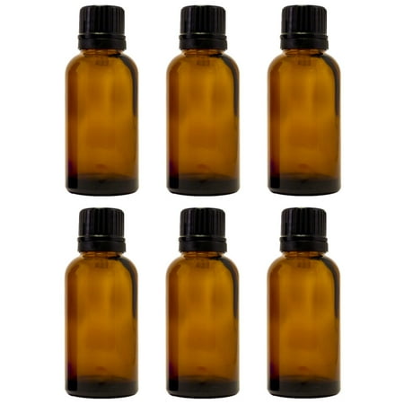Amber Glass Bottle - 30 ml (1 fl oz) w/ Euro Dropper & Tamper-Evident Cap - Pack of 6