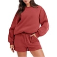 thumbnail image 1 of Ensembles de Shorts en Molleton Surdimensionnés pour Femmes, Col Rond, Manches Longues, Chandails à Enfiler, Shorts à Taille Élastique, Ensembles Assortis, Tenues 2 Pcs, Survêtements, Survêtement Uni pour Femmes, Rouge, 1 of 9