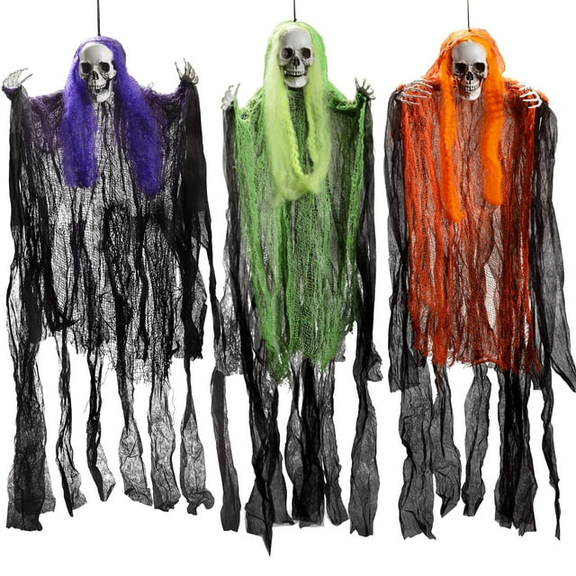 Husfou - Pack de 3 decoraciones colgantes de esqueleto fantasma para Halloween: la mejor decoración para interiores y exteriores de Halloween
