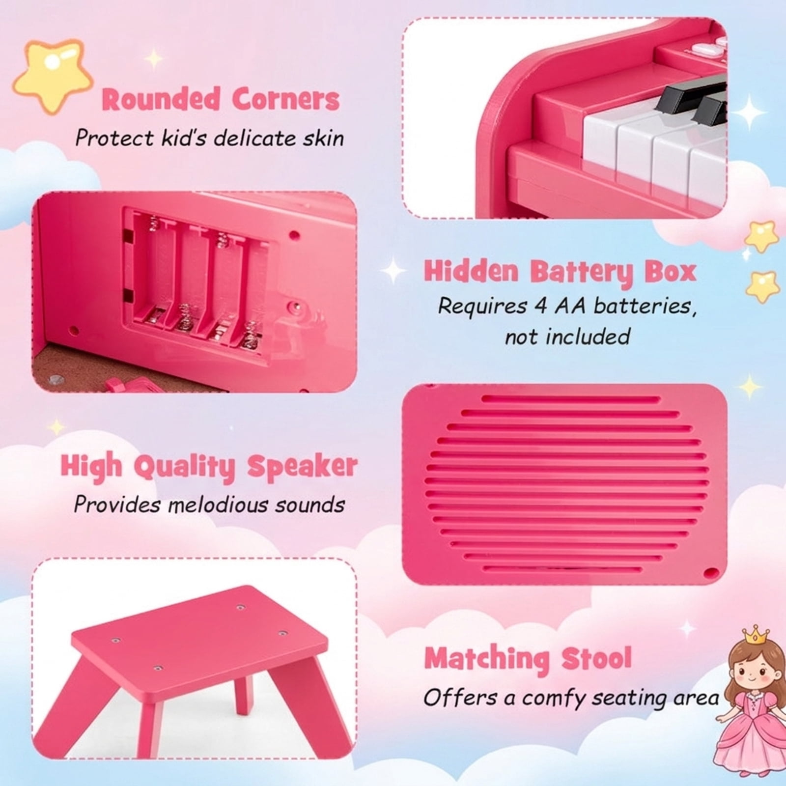 Redsmile 25-Key Kids Mini Digital Piano with Stool, Music Stand and Wooden Cabinet for Toddlers, Pink