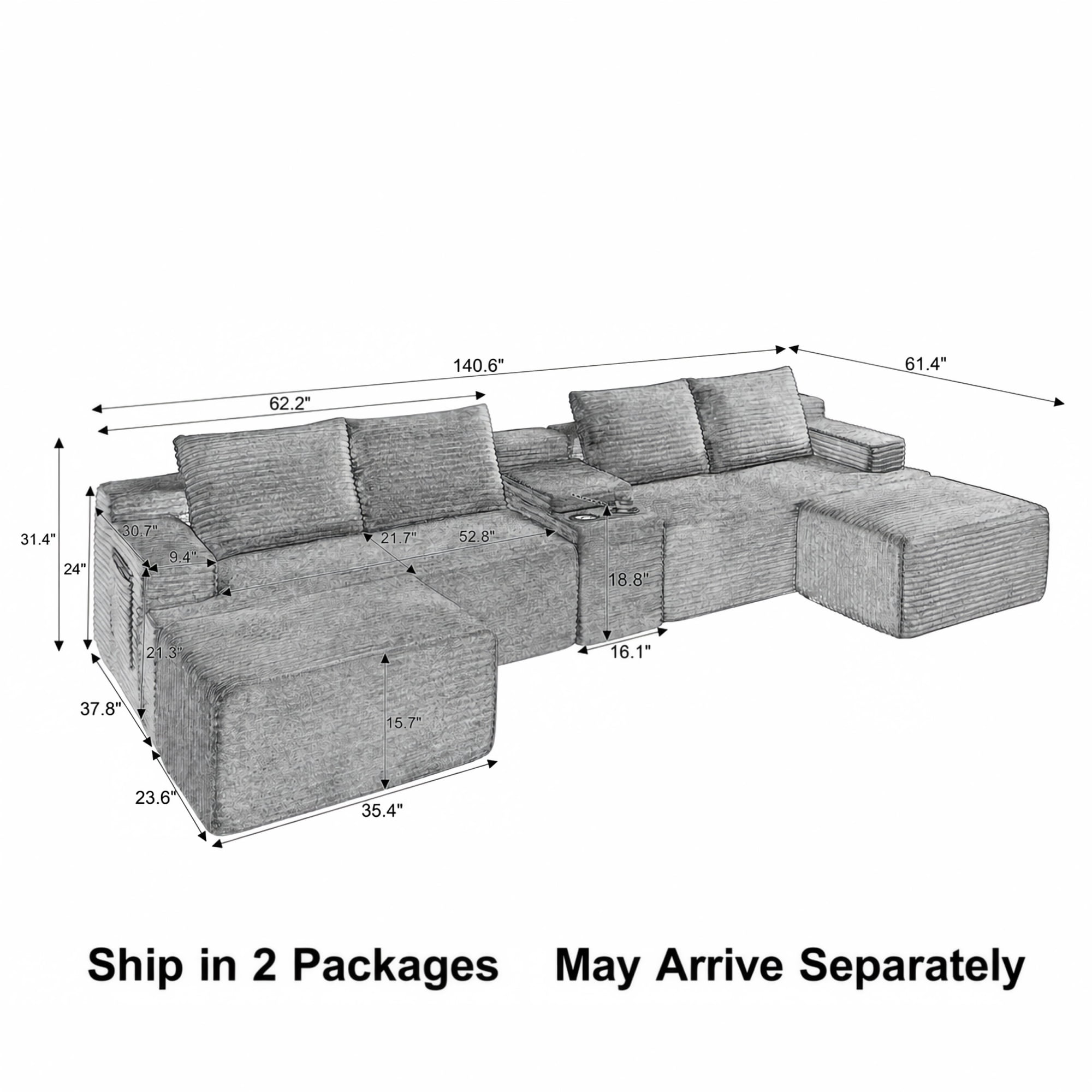 BSHTI 140.6" 5-Seat Corduroy U Shape Sectional Sofa with Cup Holder, Modular Design, No Assembly for Living Room（Black）