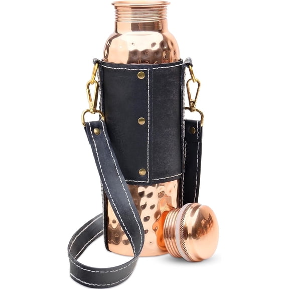 Kitchen Science Copper Water Bottle (34oz/1000ml) w/a Leather Carrying Bag | 100% Pure Copper Bottle for Drinking Water | Lab-Tested, Heavy Duty & Leak-Proof | Authentic Ayurvedic Copper Water Bottle