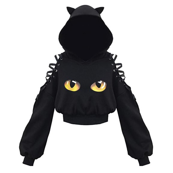 XIAOCHA Womens Cat Eye Graphic Cropped Hoodie Long Sleeve Lace Up Shoulder Pullover Knit Top Playful Bold Streetwear Hoodies