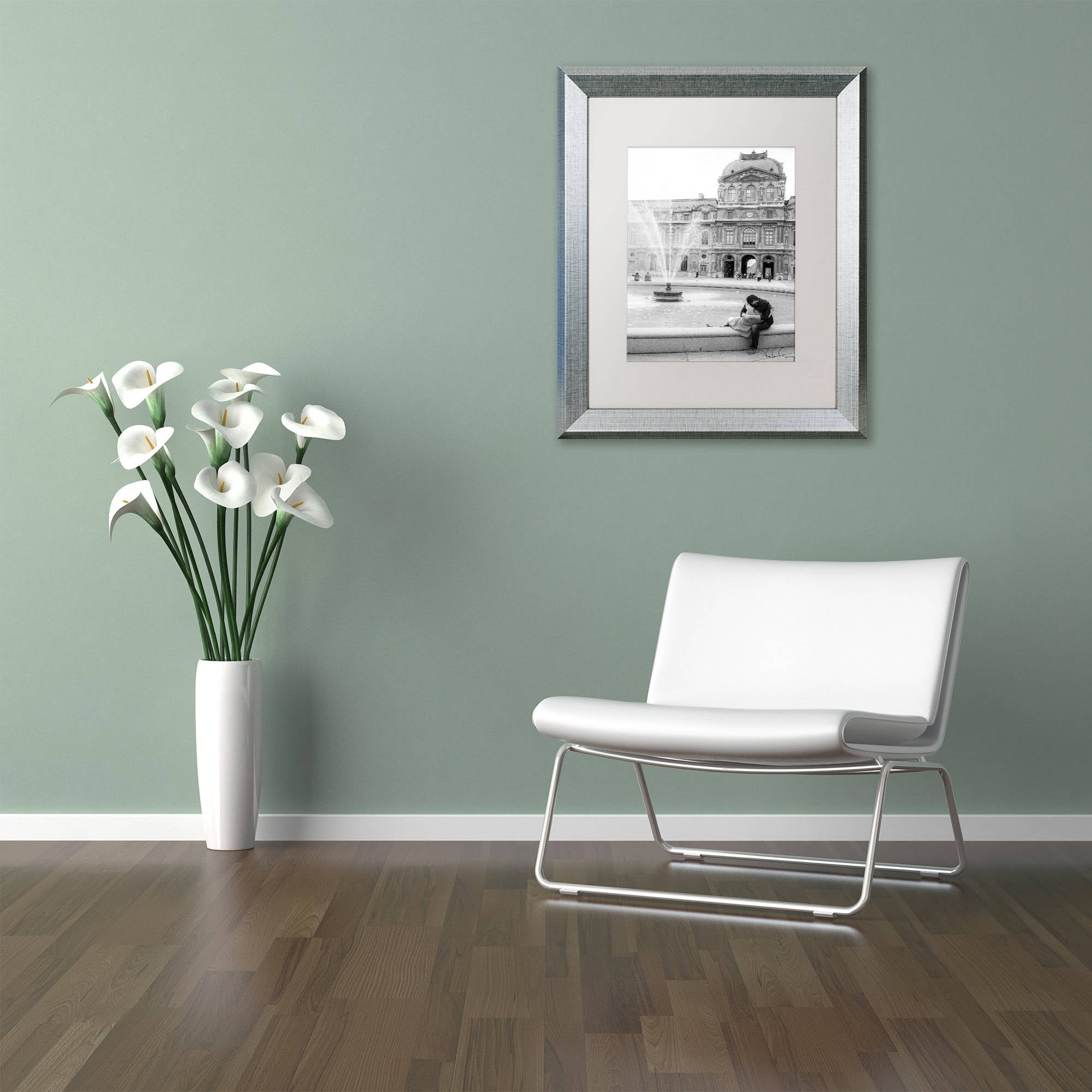 Trademark Fine Art "Paris Kiss" Canvas Art by Yale Gurney, White Matte, Silver Frame
