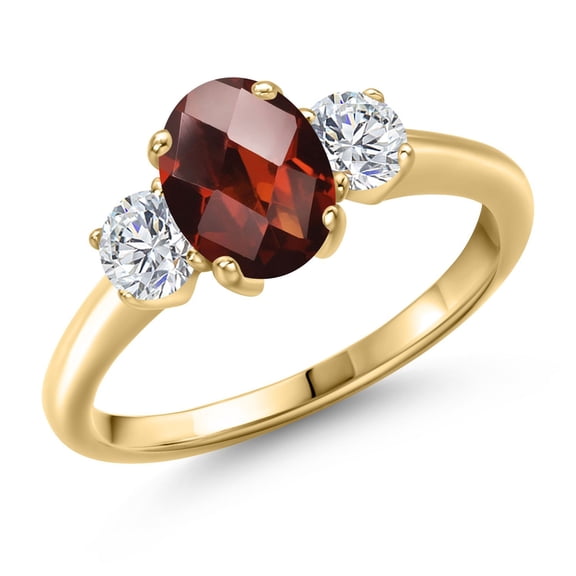 Gem Stone King 2.07 Ct Oval Checkerboard Red Garnet G/H Lab Grown Diamond 18K Yellow Gold Plated Silver Ring