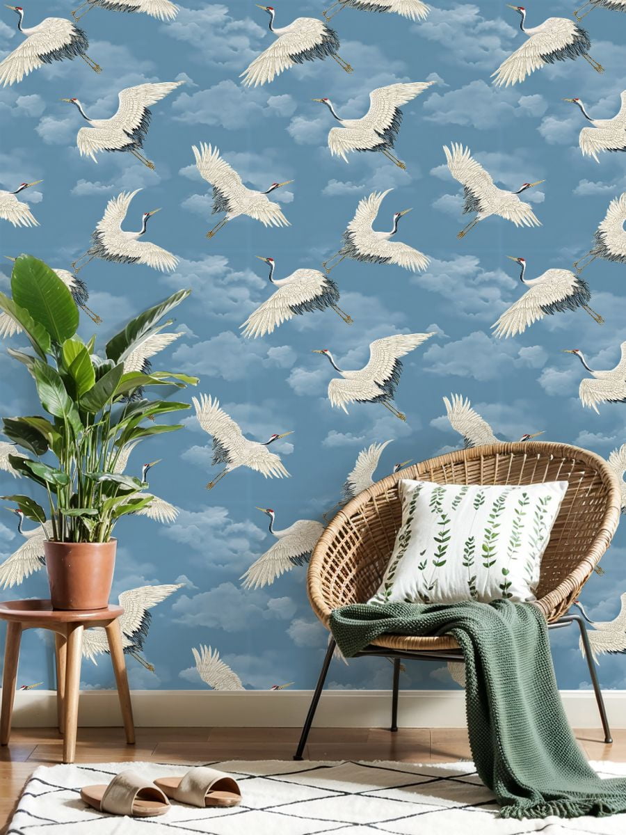 Crane Peel and Stick Wallpaper 17.7in x 9.8ft Cranes Soft Blue Sky Fluffy Clouds Contact Paper Vinyl Waterproof Self Adhesive Wall Paper for Bedroom Shelf Cabinet Renter Friendly