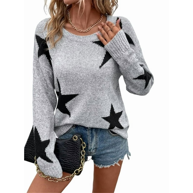 Suéter Informal de Punto con Cuello Redondo y Hombros Caídos con Estampado de Estrellas para Mujer Gris M