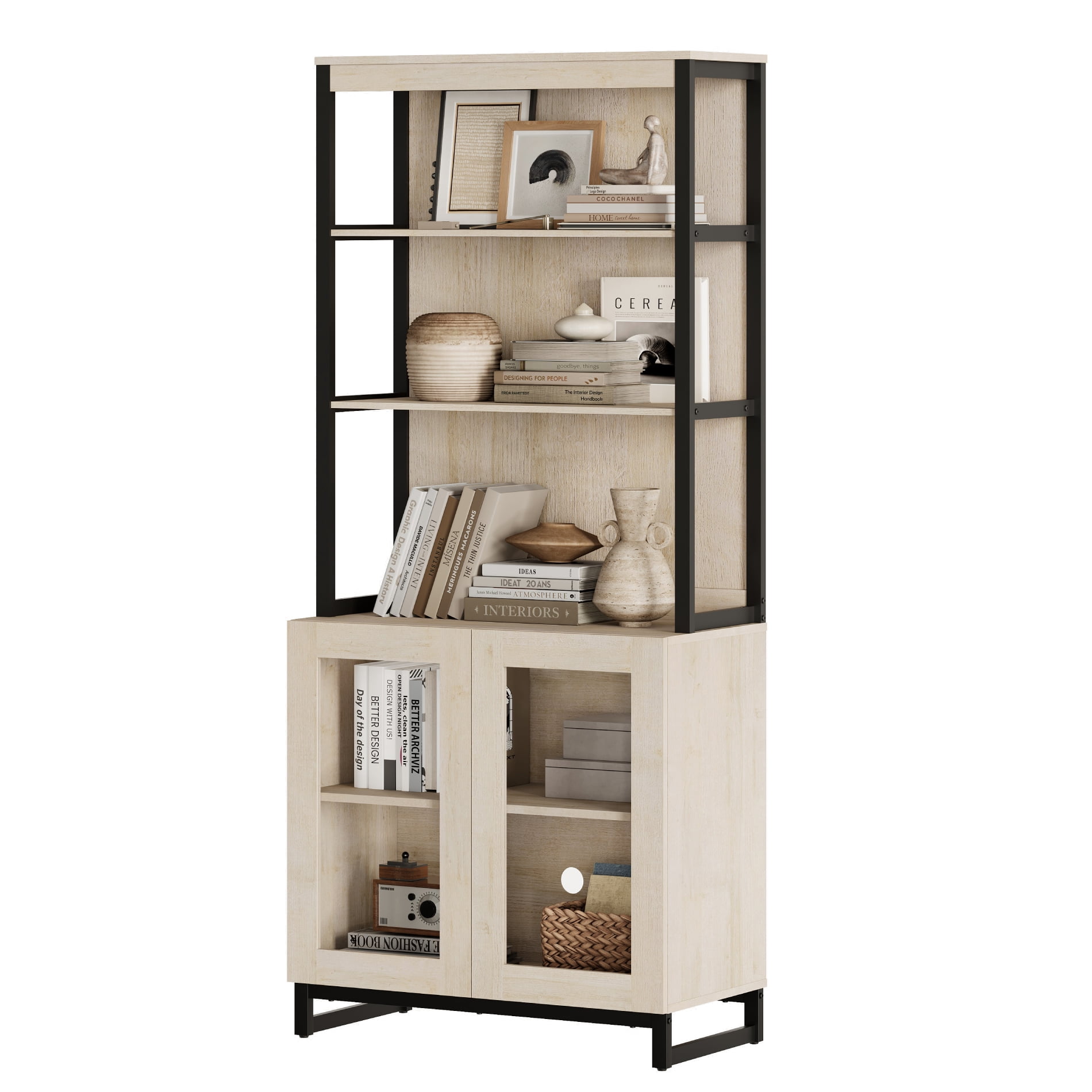 WAMPAT Modern 72" Tall Bookcase with Glass Doors and Adjustable Shelves, Library Book Shelf with Storage Cabinet and Open Book Shelfs, Wood Bookshelf for Home Office, Living Room, Beige