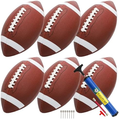 6 Pack Youth Footballs, Official Size 6 Composite Leather Football for Junior, Adult, College, High School, Durable Inflatable Footballs with Pump, Indoor Outdoor American Footballs Bulk
