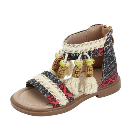 TJAZFJPA Kids Running Shoes Black White Summer Children and Girls Sandals Flat Bottom Lightweight Back Zipper Open Toe Breathable and Comfortable Tassel Ethnic Pattern Casual Roman Style Boy Shoes