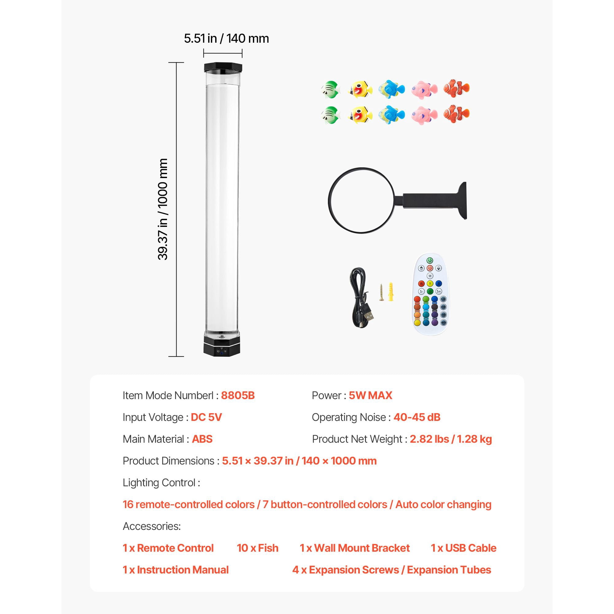 Bubble Lamp Floor-Standing 39 Inch 16 Color Remote Control Anti-Tip 40-45dB for Autism ADHD Anxiety Relief