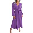 thumbnail image 2 of qafoshin Fall Pleated Dresses for Women V Neck Long Sleeve Midi Dress Waistband Classic Ruched Dress, 2 of 7