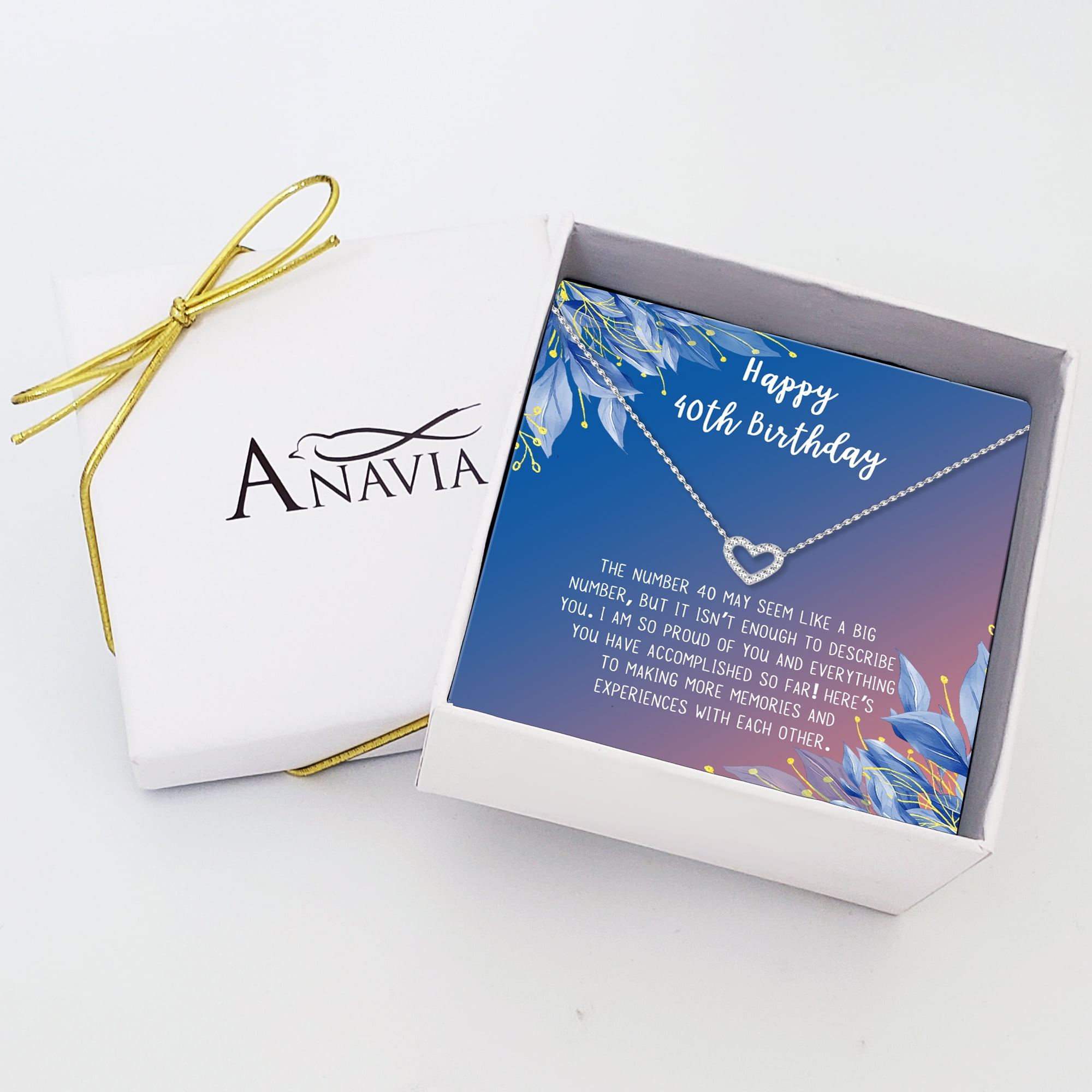 Anavia Happy 40st Birthday Gifts Stainless Steel Fashion Necklace Birthday Card Jewelry Gift for Her, Birthday Gift for Mom-[Silver Mini Crystal Heart, Blue-Orange Gift Card]
