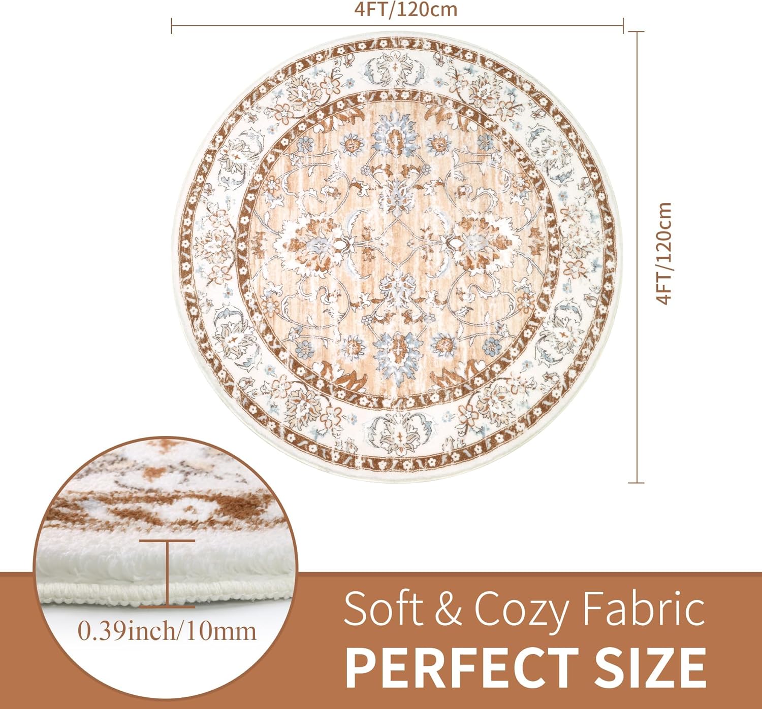 MJIAexp 4ft Mandala Boho Round Rug Circle Rug Non-Slip Machine Washable Area Rug Soft Bedroom Rug Throw Rug Vintage Carpet for Living Room Kitchen Dorm Coffee Table Distressed Coffee
