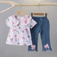 thumbnail image 2 of ZACPNCV Toddler Kids Girls Clothes Short Sleeve Shirt Top Flare Denim Jeans 2 Piece Outfits For Girls Cute Clothing Set Purple 2-3 Years, 2 of 9