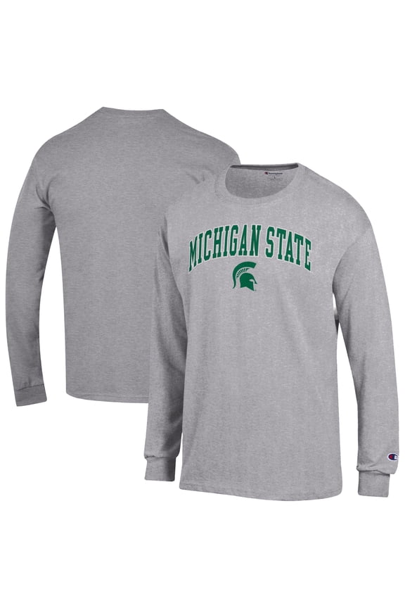 Men's-Champion  Heather Gray Michigan State Spartans Arch Over Logo Long Sleeve T-Shirt
