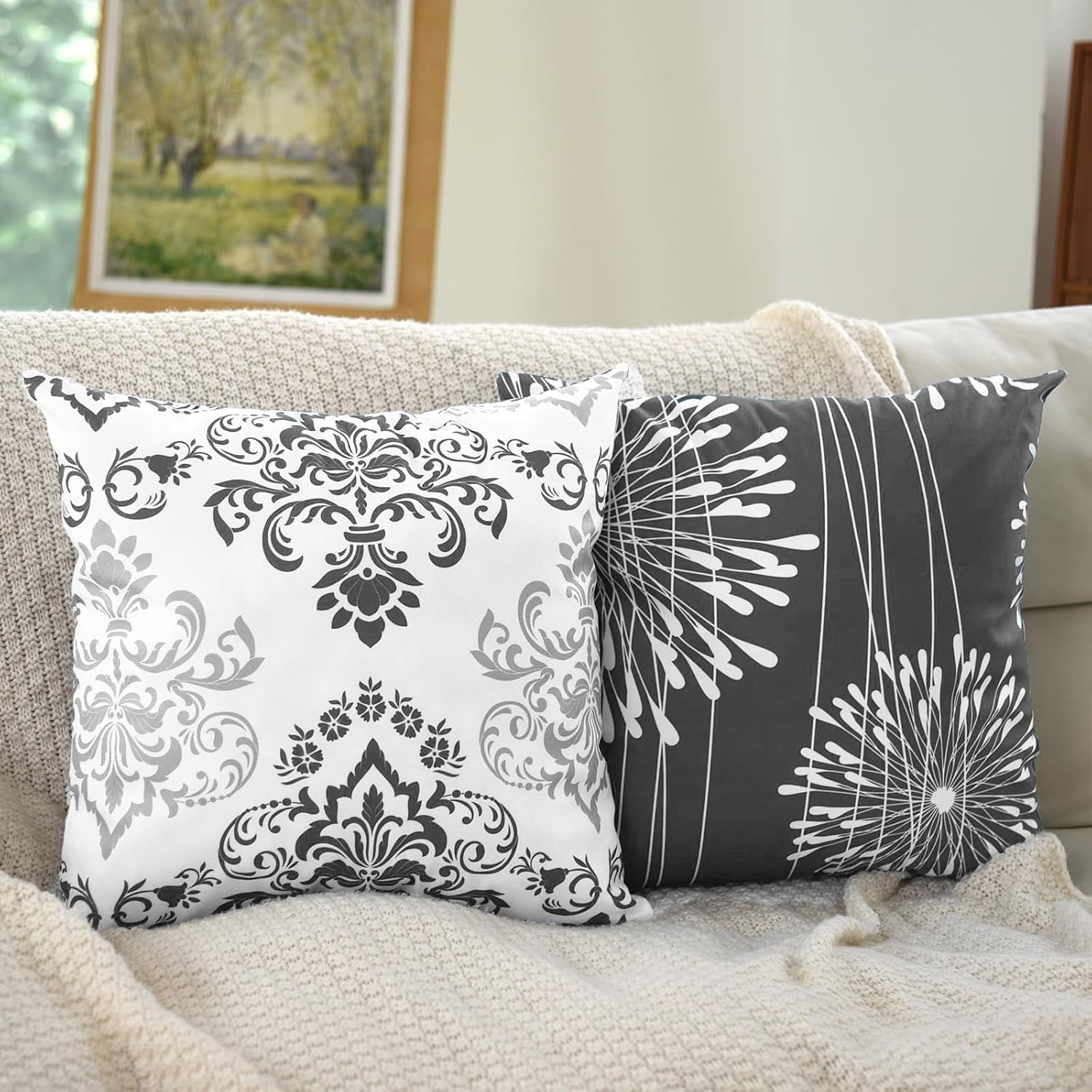 Decorative Throw Pillow Covers 20x20 Set of 4, Dark Grey and White Modern Simple Square Pillow Case Cushion Cover for Sofa Couch Farmhouse Outdoor Living Room