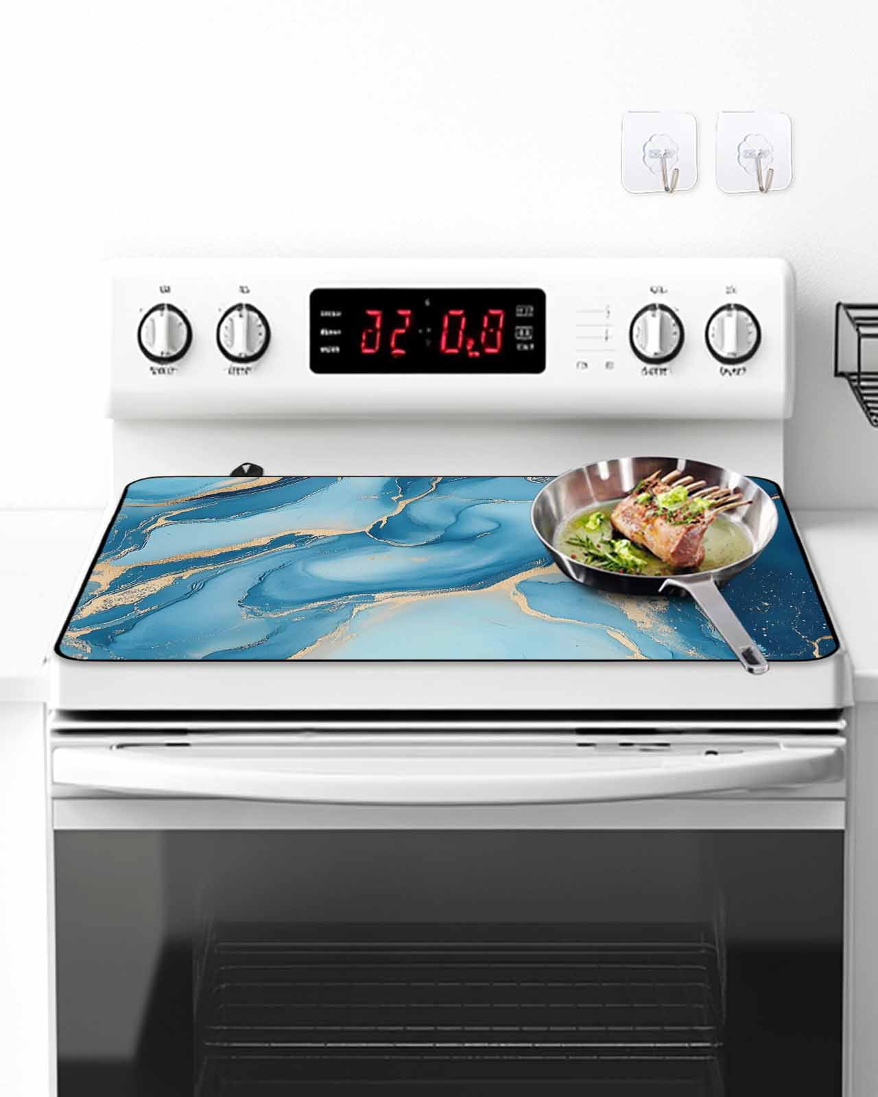Stove Top Covers for Electric Stove 36x21 Inches, Blue Marble Heat Insulation Fireproof Glass Cooktop Protector, Luxury Modern Ink Painting Abstract Multipurpose Countertop Stovetop Cover for Kitchen
