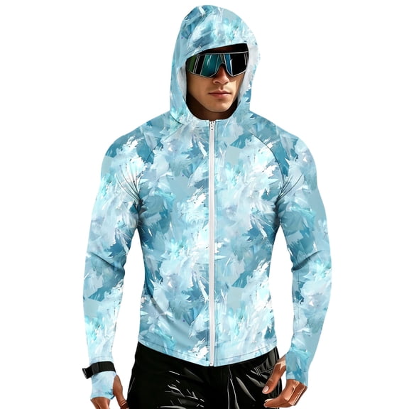 Havenx Upf 50 Fishing Jackets for Men Camo Long Sleeve Full Zip Coat Thumbhole Hooded Rash Guard Jackets Casual Summer Lightweight Athletic Workout Clothing,Blue 2XL