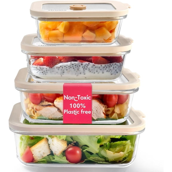 Multisize Glass Food Storage Containers with Platinum Silicone Lids – 4-Pack – Plastic-Free, Borosilicate Glass, Oven & Freezer Safe, Non-Toxic