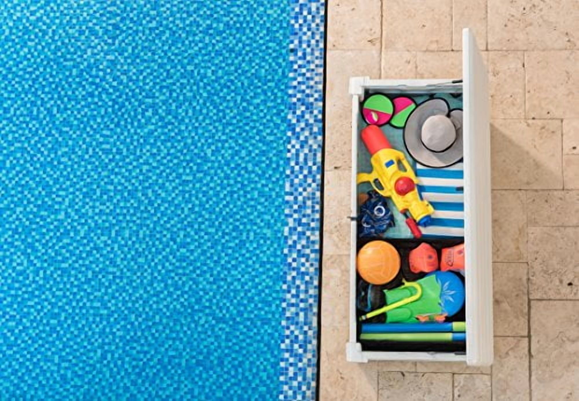 Keter Brightwood Outdoor Patio 120 Gallon Resin and Wood Deck Box with Pool Kit, Oasis White