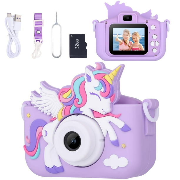 Envyvip Unicorn Toys Cámara para niños Niñas de 3 a 8 años Cámara digital para niños pequeños Regalos de cumpleaños de Navidad para niñas de 3 4 5 6 7 8 años Linda cámara de video selfie HD 1080P Tarj