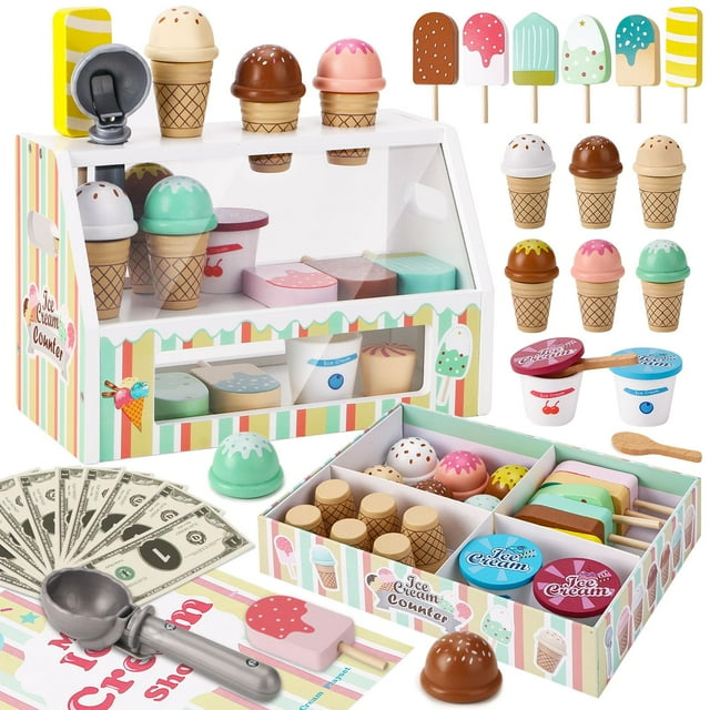 Set de juguetes de madera Peccvon para heladería con cuchara y menú